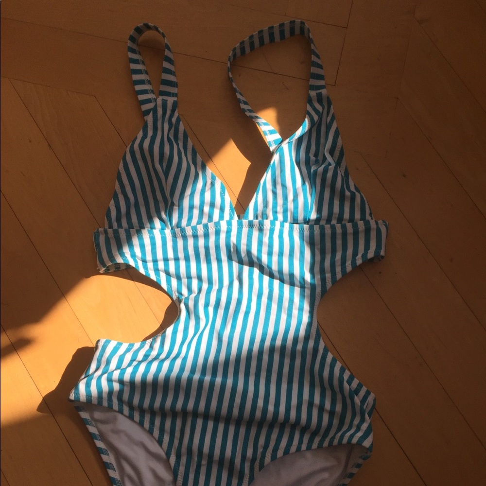 Cut out teal striped swimsuit